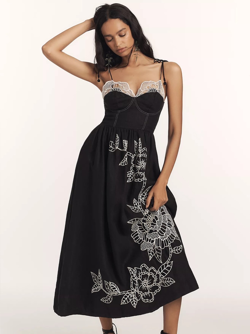 FARM Rio Black Richelieu Lace Euroflax Premium Linen Midi Dress - Picture 1 of 4
